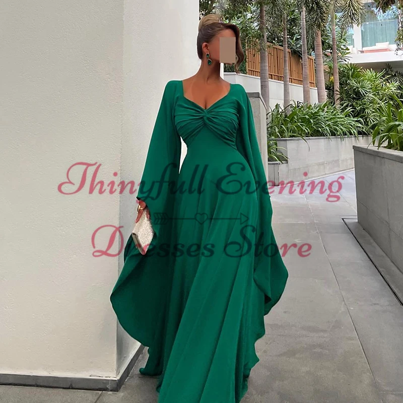 Thinyfull Formal Green A-Line Prom Evening Dresses Saudi Arabia V-Neck Party Dress Women Night Cocktail Prom Gowns Custom Size