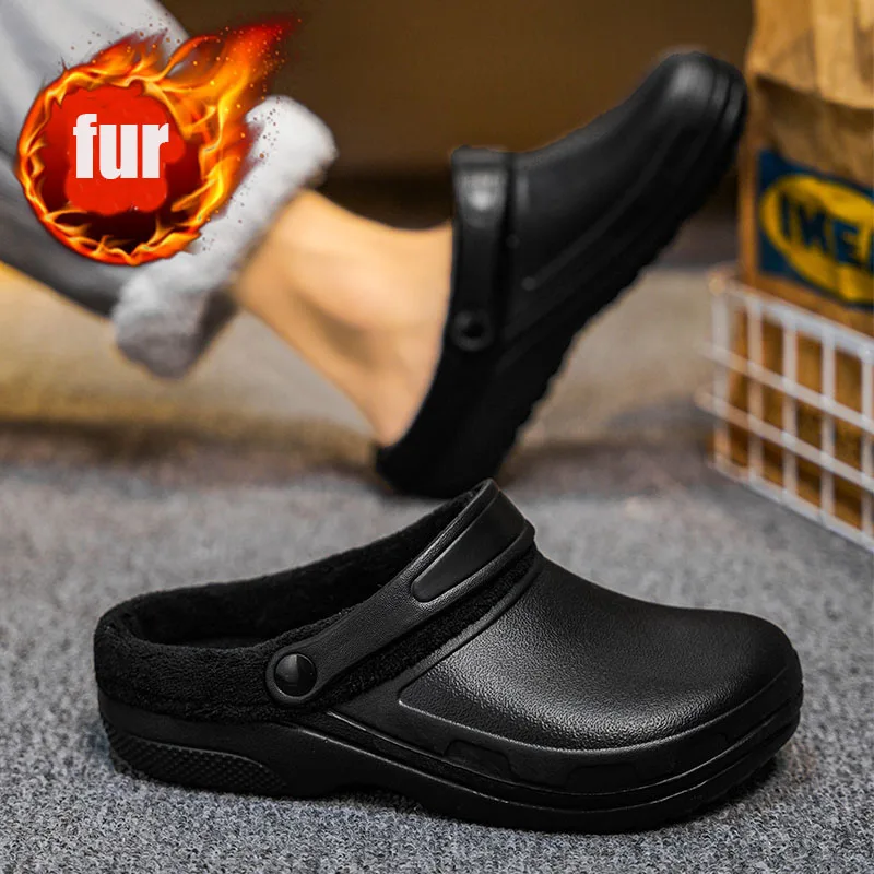 Size 48 Men's Winter Fur Slippers Indoor Outdoor Comfortable Warm Chef Shoes Casual Non Slip Plush Garden Clogs