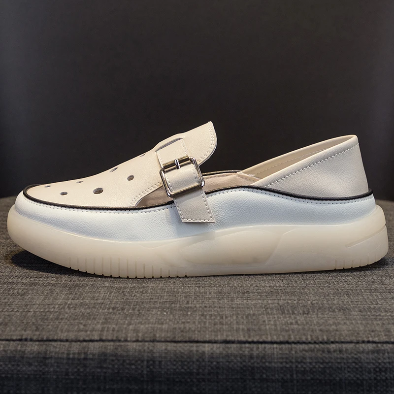 

GRWG Loafers Ladies Genuine Leather Large Size Summer Hollow Slip-On White Shoes Women Fashion Casual Soft Sole Flat Shoes