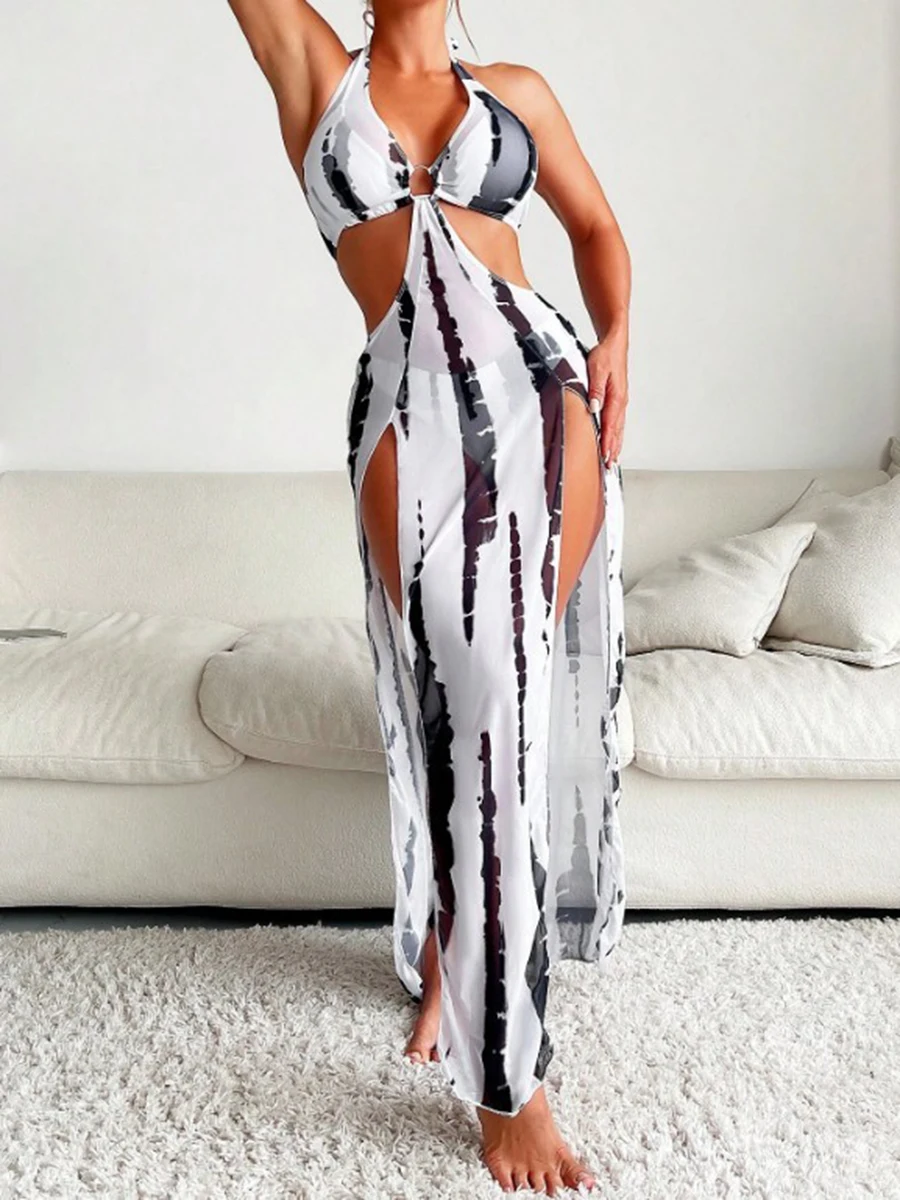 3-teiliger Neckholder-Ring-Link-Bikini 2025 für Damen, Ausschnitt, seitliches Cover-Up-Kleid, Badeanzug, sexy Bademode, weibliches Baden, Schwimmen, Badeanzug