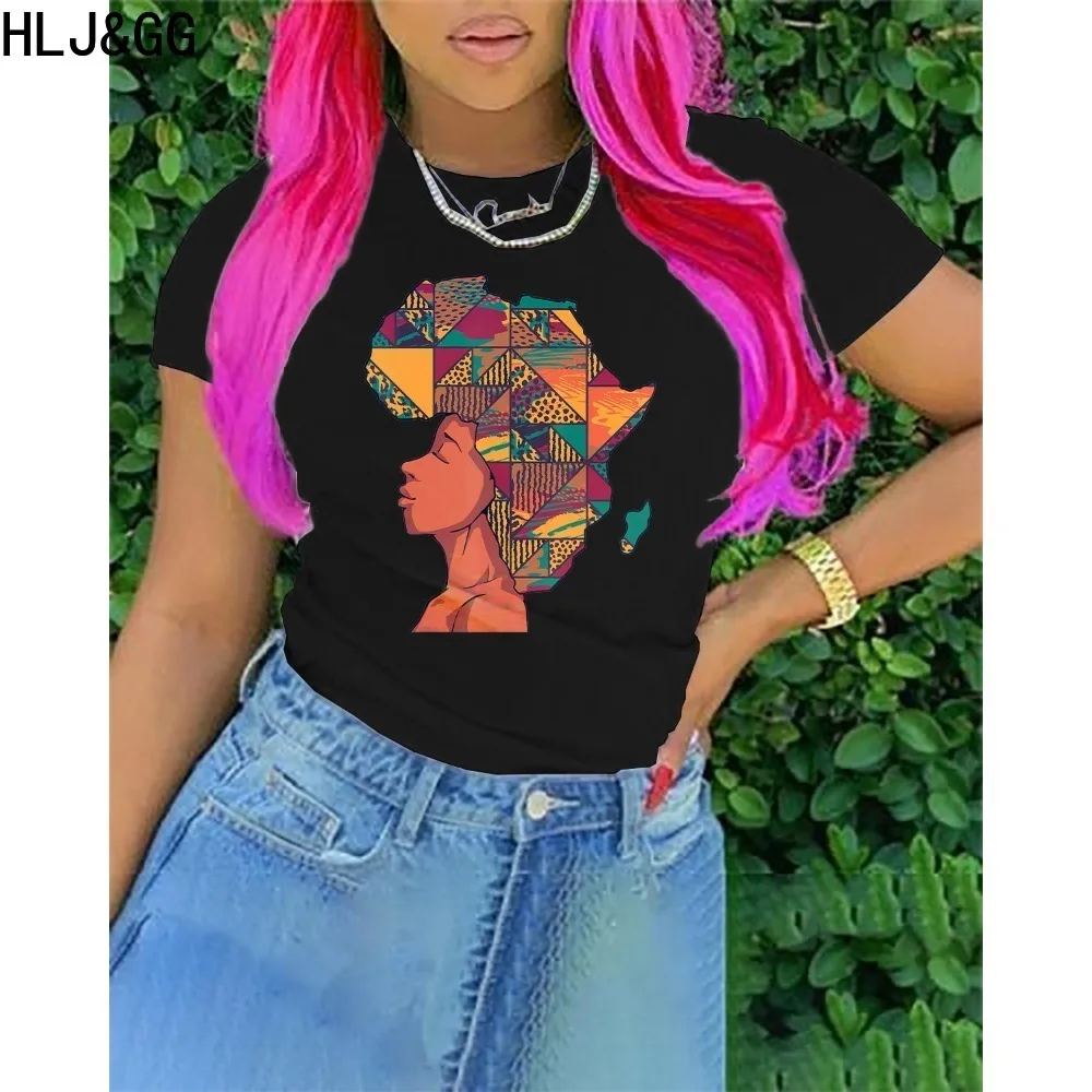 Hlj & Gg Zwarte Zomer Nieuwe Afrikaanse Patroonprint T-Shirts Vrouwen Ronde Hals Korte Mouw Slanke Tops Casual Dames Bijpassende Kleding