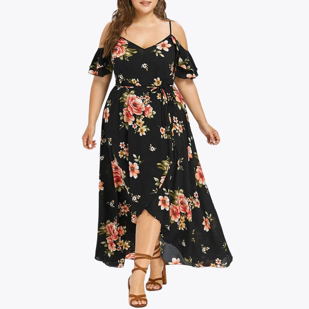 Vestido feminino sexy floral estampado de ombro frio, vestido de verão solto feminino, plus size, novo, 2024