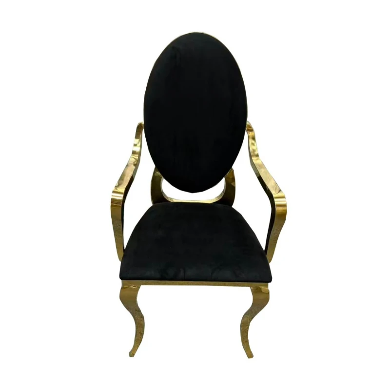 Living room stainless steel gold-plated chair, wedding banquet hotel dining table and chairs, black flannel upholstered