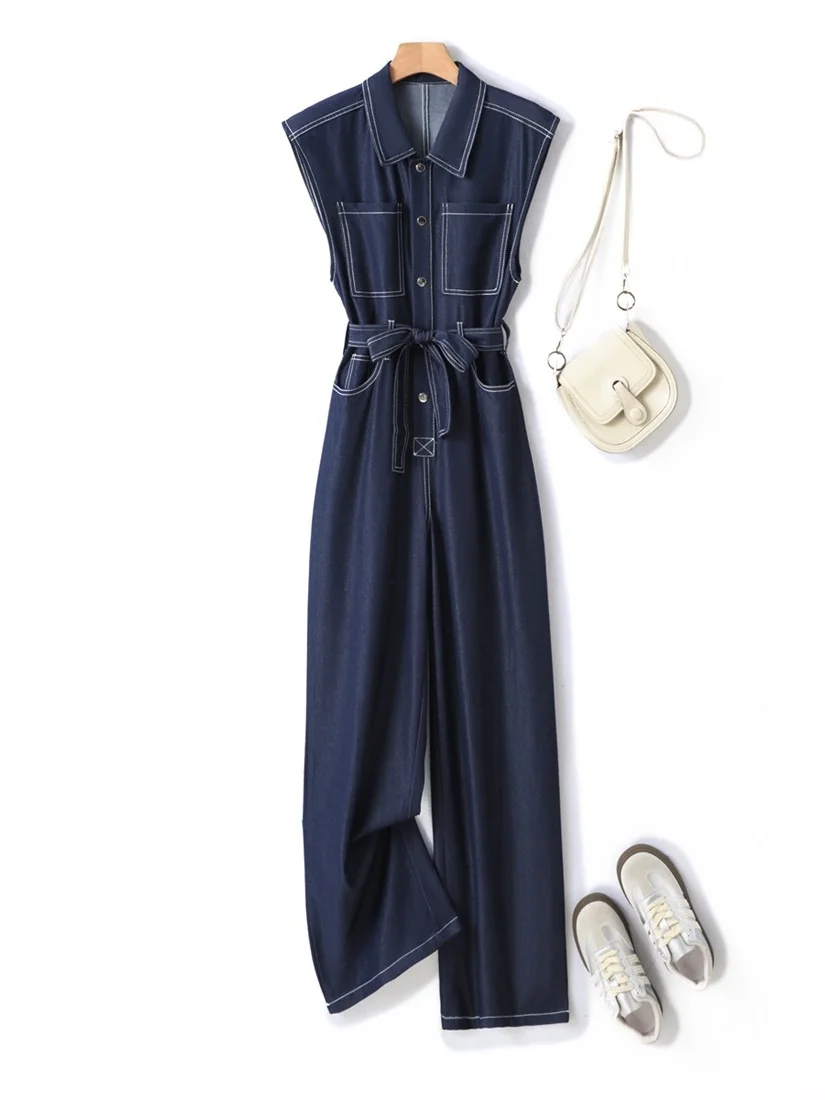 

Ele Summer 2025 High Waist Wide Leg Denim Onesie Women's Svel High End Workwear Fro with Belt ket Details