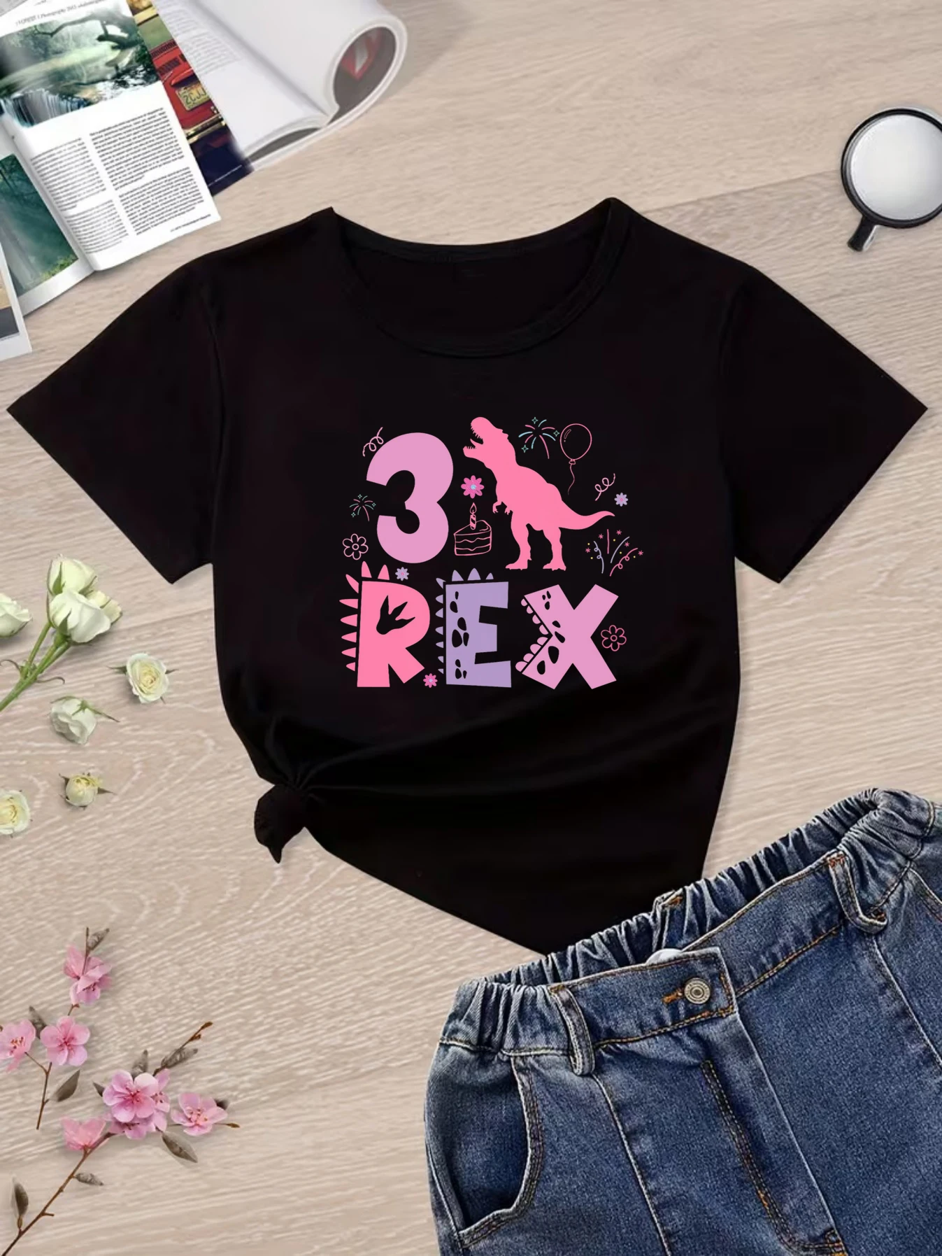 Three Rex Pink Dinosaur & Letter Print Tshirt Girls, 