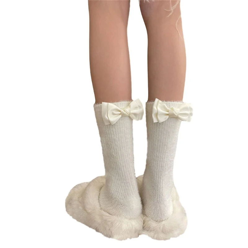 Calcetines tobilleros estilo Ballet para mujer, calcetines holgados con lazo, calcetines peludos dulces M6CD