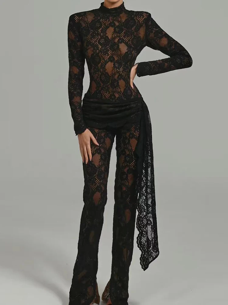 

Sexy High Neck Long Sleeve Floral Lace Jumpsuit Women Black Draped Folds Design Bodysuit Runway Party Evening Nightclub Wear