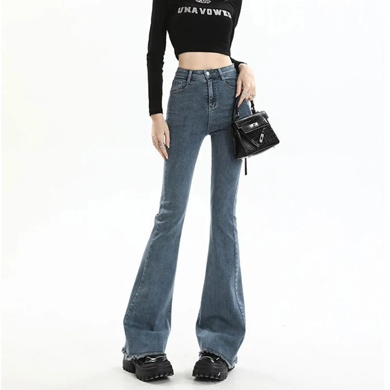 

Весенне-осенние джинсовые брюки-клеш, женские корейские модные длинные джинсы с высокой талией, женские винтажные эластичные брюки с кисточками, 2025 г., женские