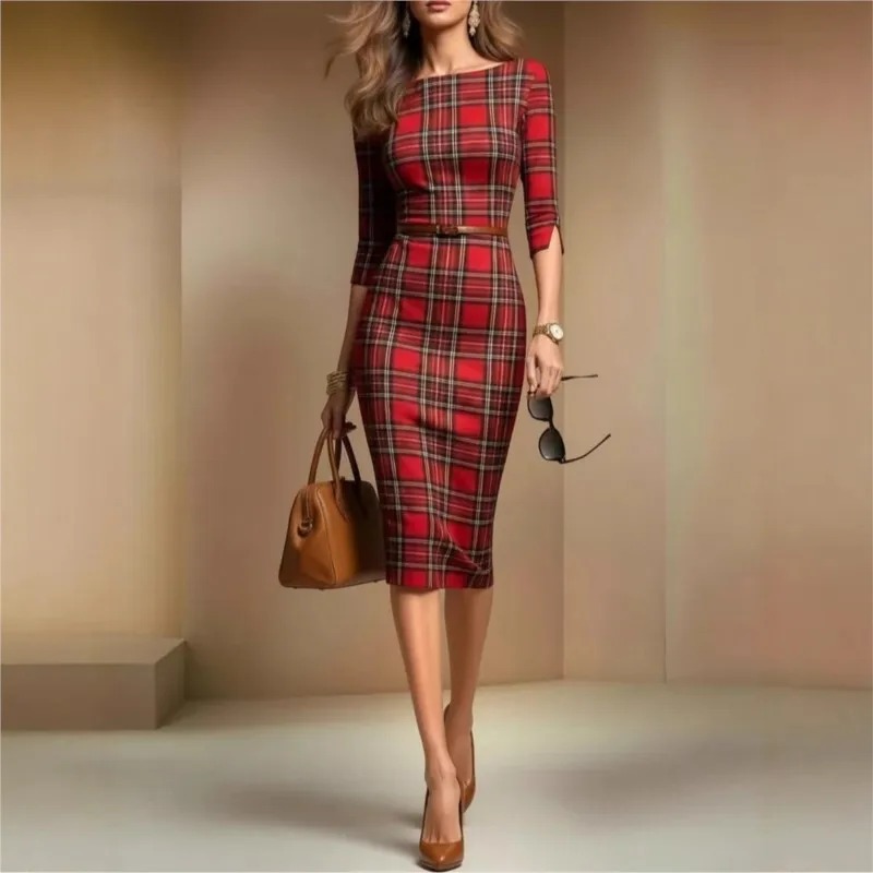

Новое модное женское платье 2026 года: клетчатый узор, круглый вырез, приталенный силуэт, рукав до локтя, длина до колена. Идеально для вечеринок, повседневной носки и отпуска.