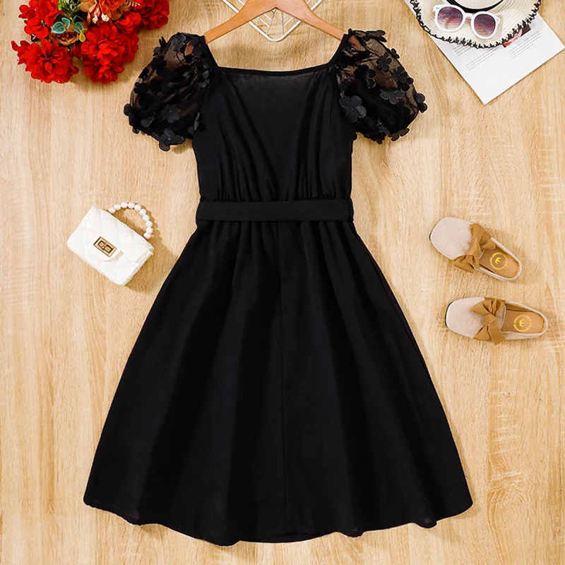 Summer Girl\'s New Cute Cool And Breathable Mesh Short Sleeved One Shoulder Belt Decorative Dress For Casual Birthday Parties