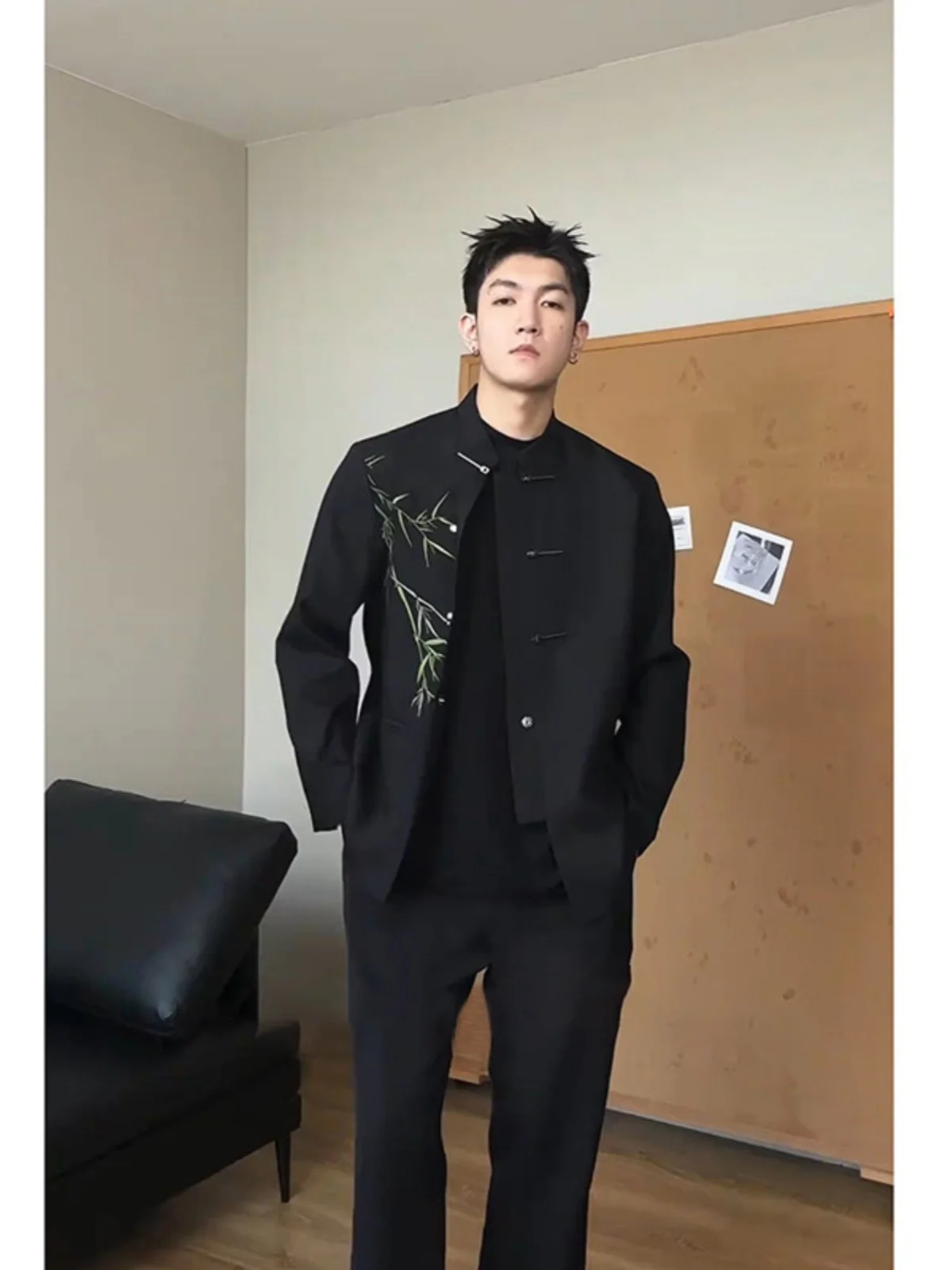 New Chinese Style Embroidered Suit Jacket Men's Wedding Casual Black Jacket Stand Collar Zhongshan Suit National Style Top