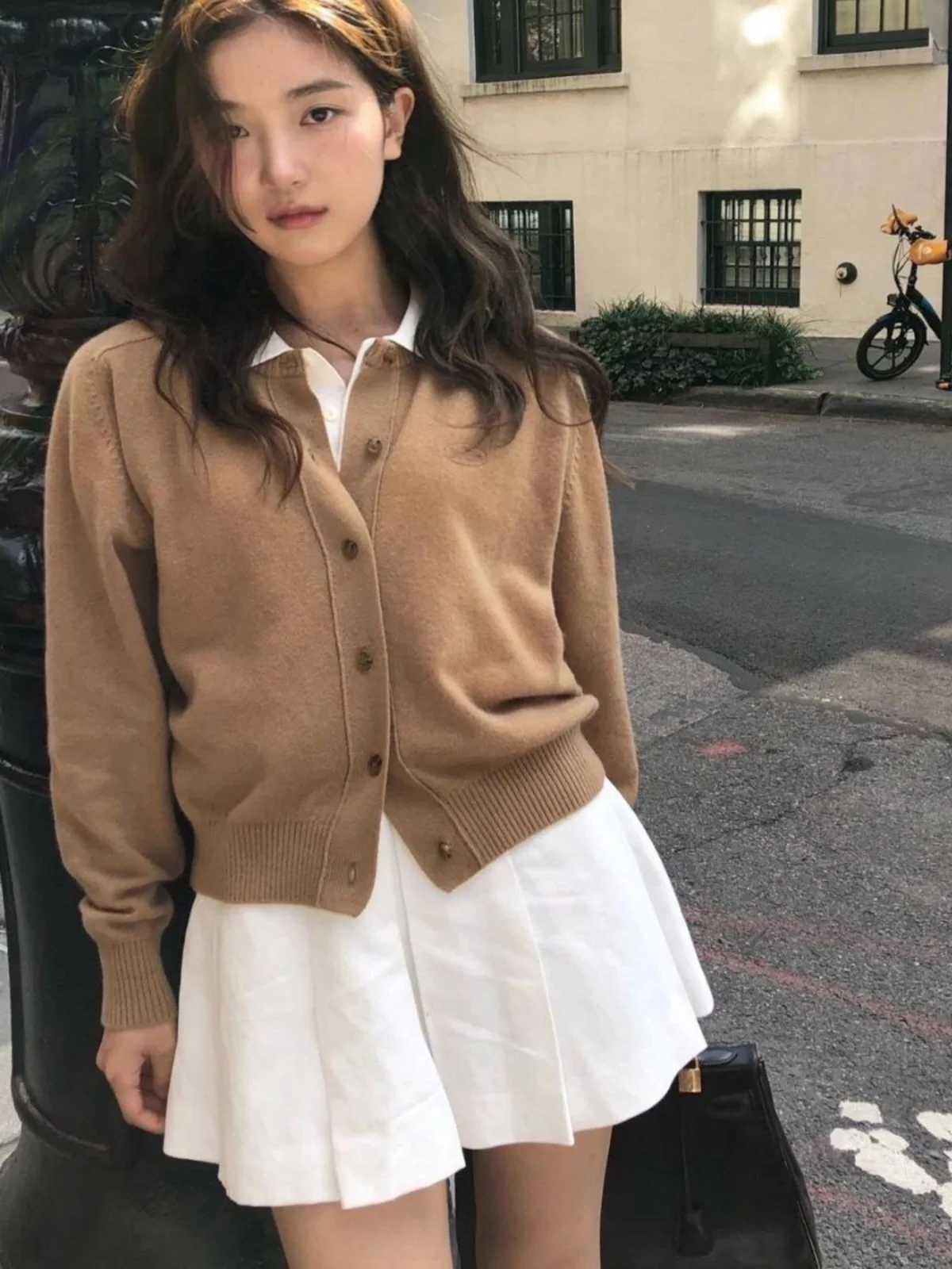 Barnet Eight Milk Academy Style Camel Wool Knitted Short round Neck Open Cardigan Sweater Long Sleeve Street Style Spring 2024