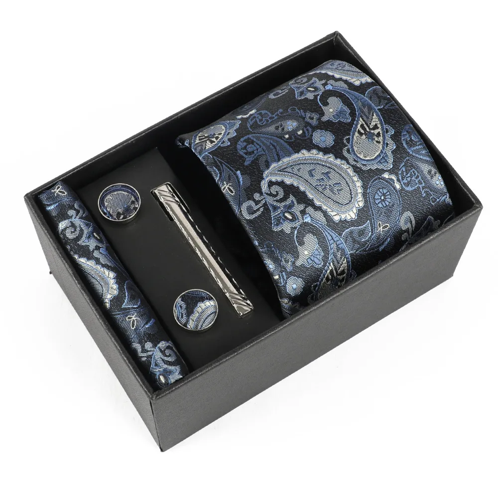 Luxury 100% Silk Paisley Mens Tie Set with Gift Box Pocket Square Tie Clip Cufflinks Classic Formal Business Wedding Party