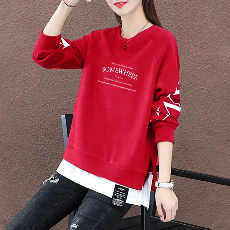 Fce Lined round Ne Sweatirt Women's Loose plus Size Korean Sle Autumn Winter Clothes Fake Two-Piece Anti-Aging Slimming