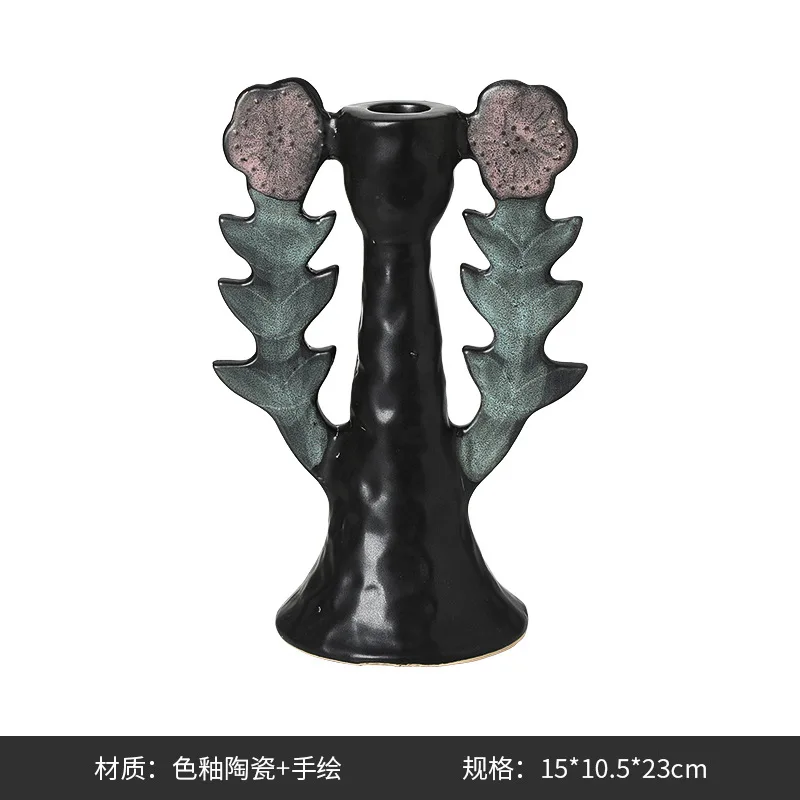 Wabi Sabi retro hand-painted double flower ceramic candlestick hotel exhibition hall entrance dining table bookcase