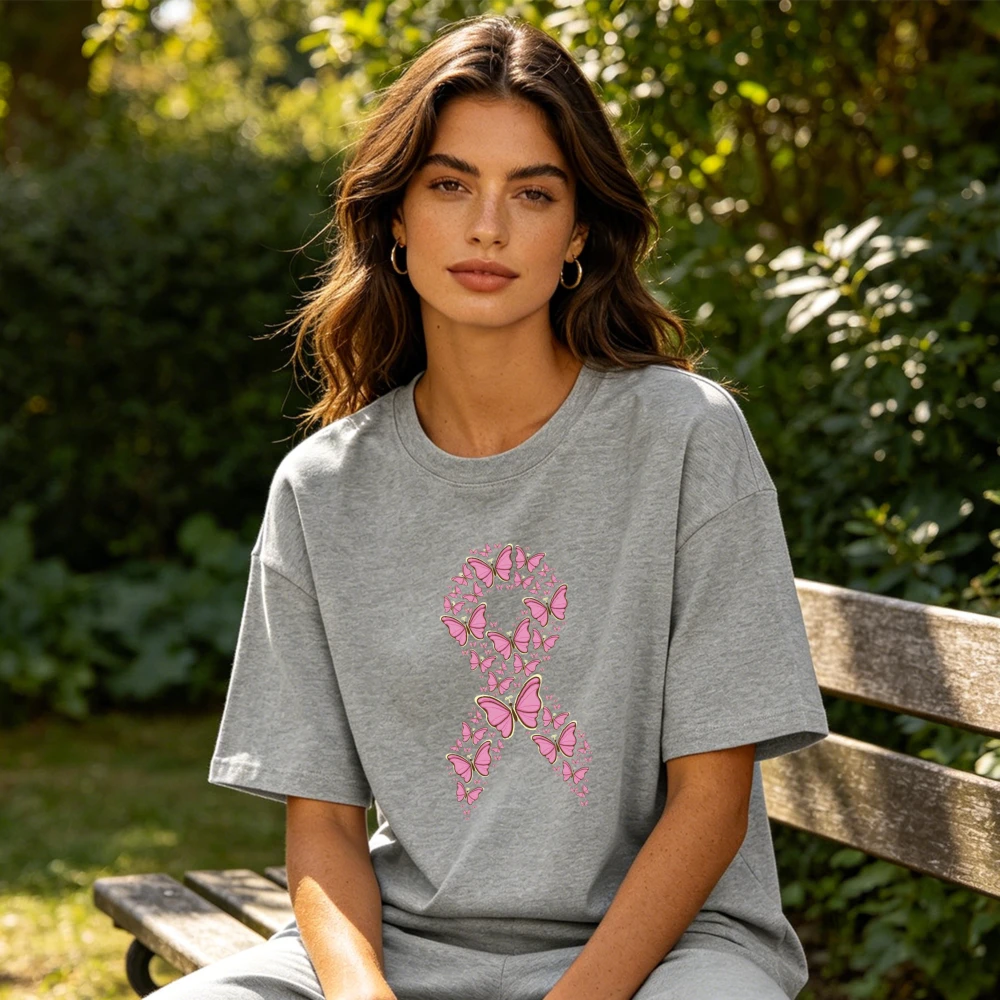 Butterfly Shaped Breast Cancer Ribbon Graphic Women Summer Cotton T Shirt Minimal Gentle Awareness Short Sleeve Apparel