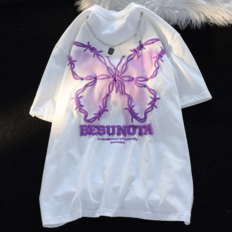 2024 Summer New Couple Butterfly Foam Printing Short-sleeved T-shirt Women\'s Loose Hiphop Tshirt Matching Chain Daily Streetwear