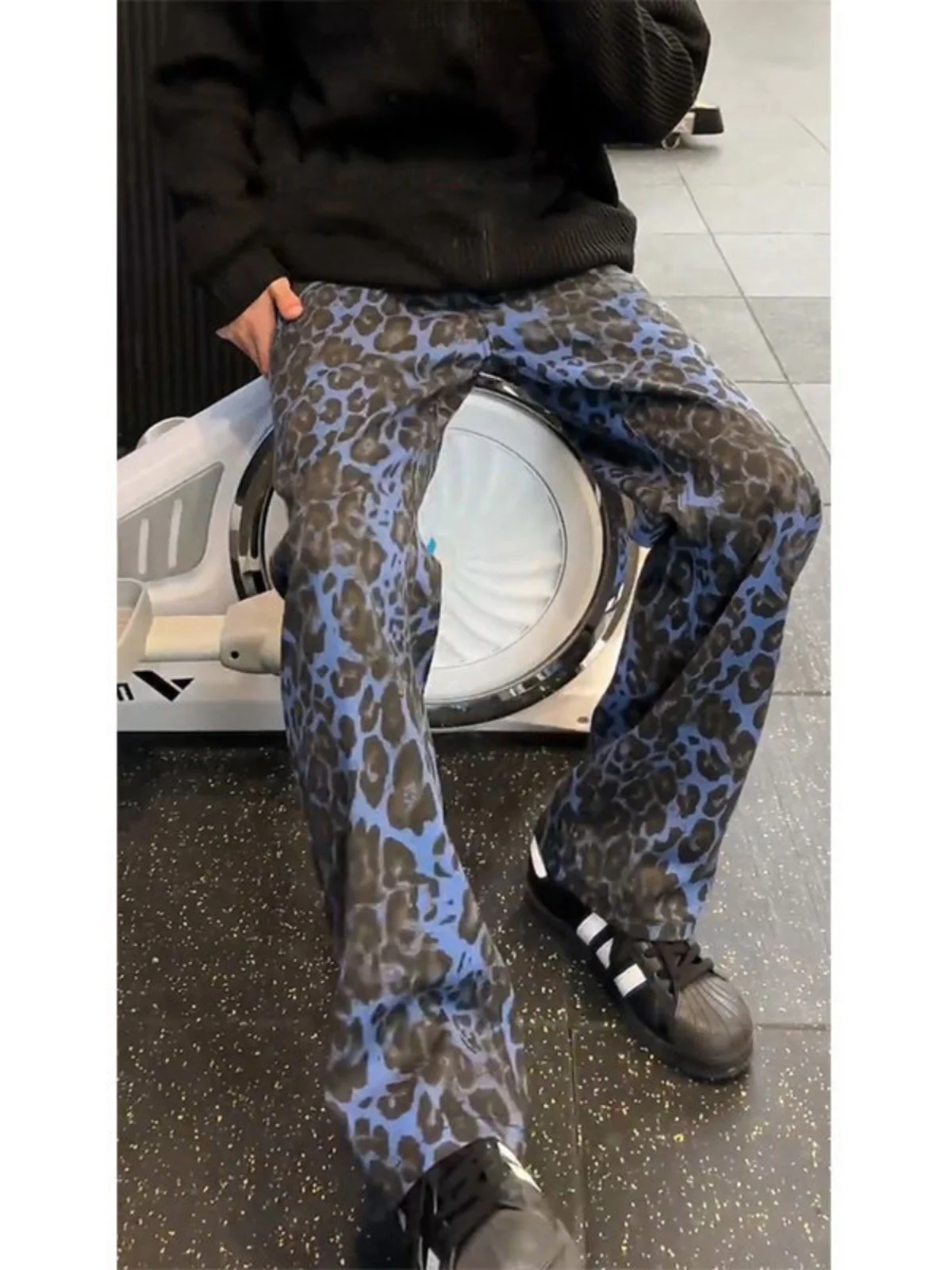 

Blue Leopard Print Men's Jeans Trendy Straight Leg Loose Fit High Street Vibe Casual Comfortable Denim Pants for Teens