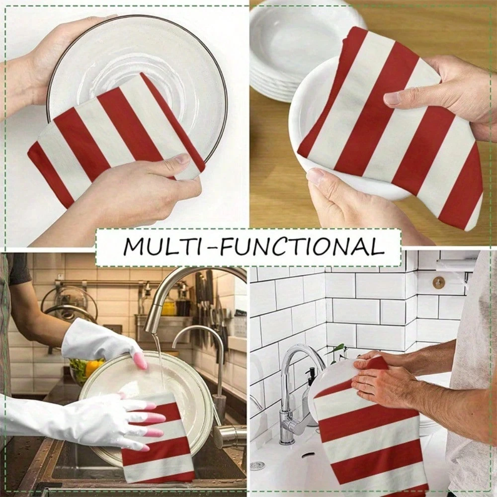 2-Pack Modern Red White Striped Towels | Retro Design | Soft Absorbent | Multi-Use as Hand Towel/Tea Towel/Cleaning Cloth