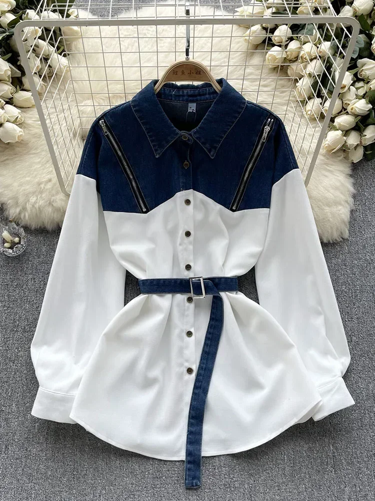 Women  Spring Autumn Blouse Design Sense Top New Niche Denim Color Contrast Patchwork Medium Length Long Sleeved Shirt  D5022