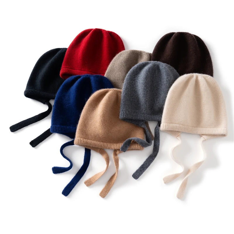 Women's 100% Pure Cashmere Knitted Hat Autumn Winter Warm Ear Protection Turban Style Cold Hat with Tie for Fashionable Headwear