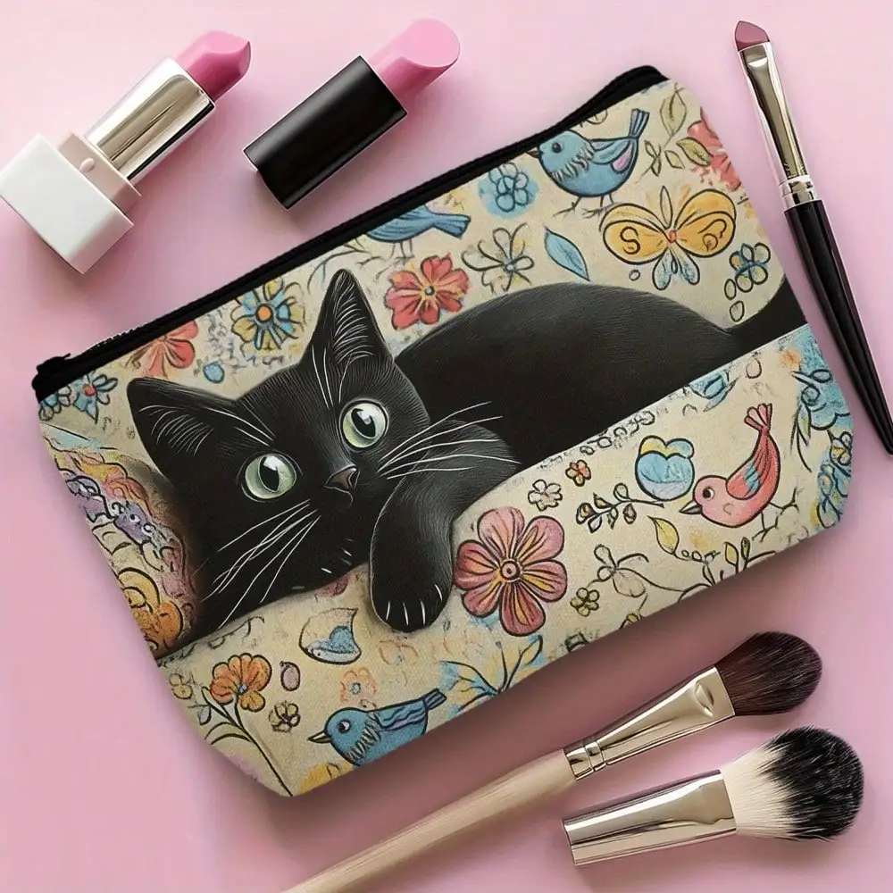 

Косметичка с ретро-дизайном в виде цветочного котика, 8,66X5,51 дюйма, на молнии, подходит для путешествий и пляжного отдыха, незаменима в поездках.