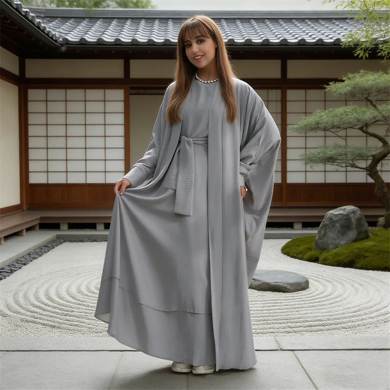 

Комплект из 2 предметов: мусульманские наряды для женщин на Ид — кимоно-кардиган с внутренней юбкой, исламская одежда, турецкий кафтан, дубайская абайя, кебайя.