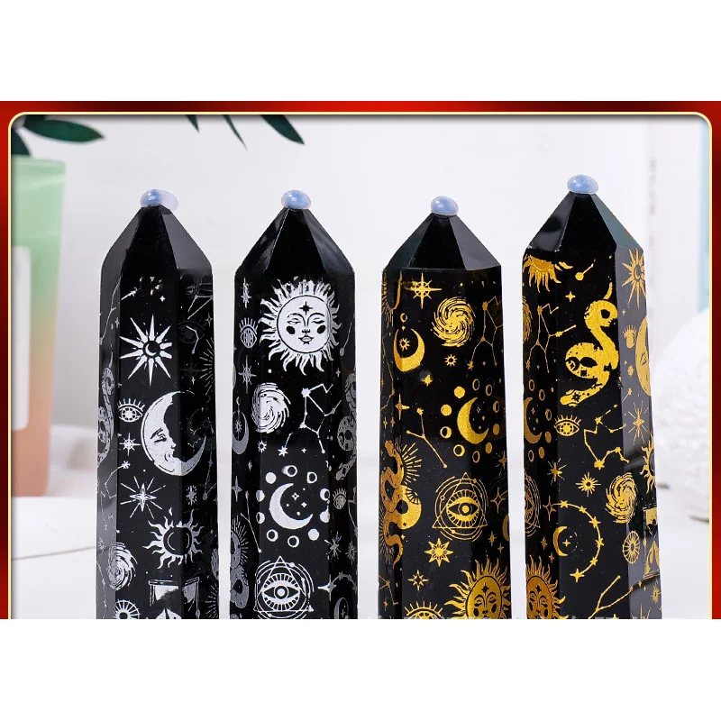 Obsidian Towers Single Pointed Hexagonal Column Ornament Natural Stone Sandblasted Star Moon Sun Pattern Single Energy Crystal