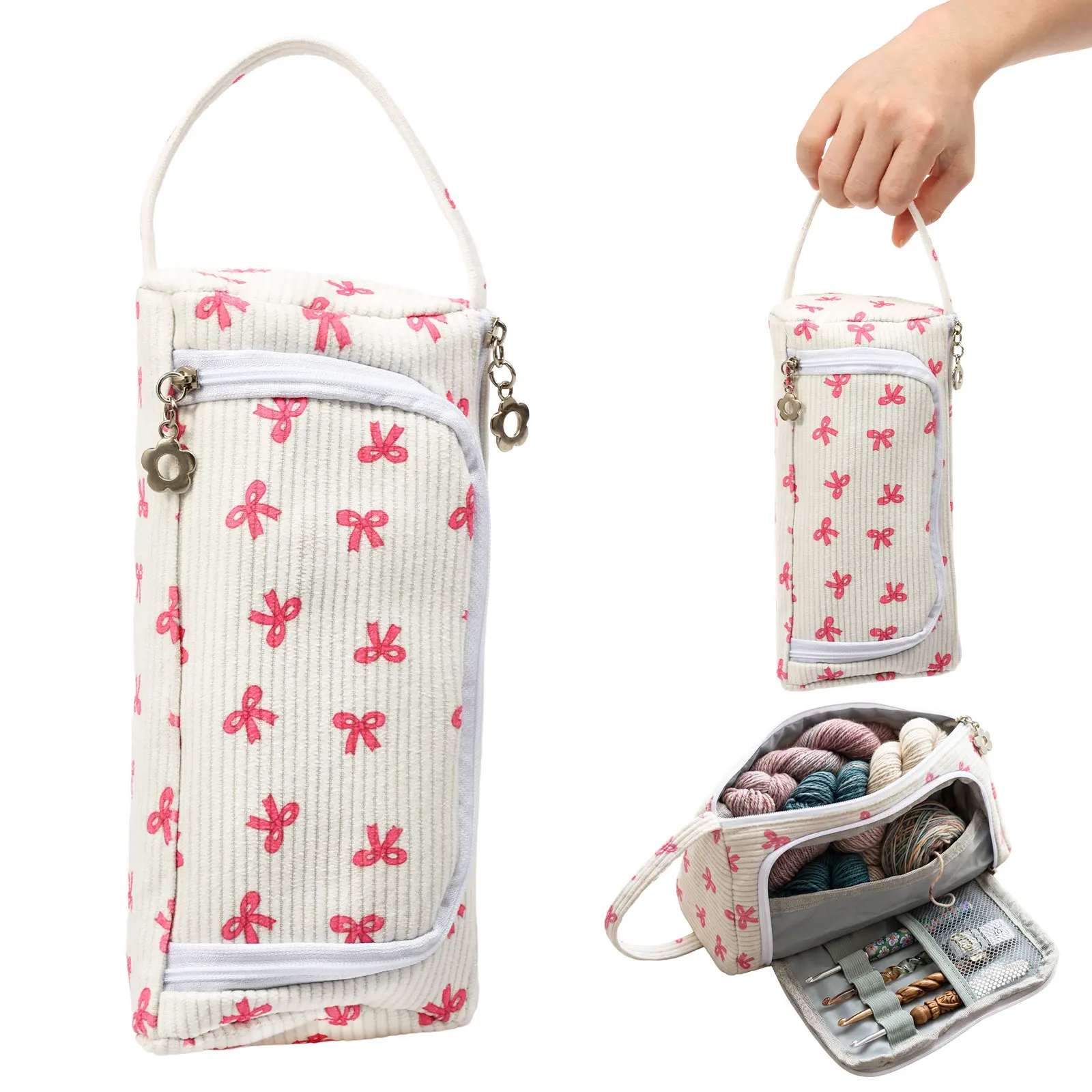 Bow Pencil Case Large Capacity Pencil Storage Bag Multipurpose Dual Zipper Pen Pouch with Hand Strap for Cosmetic Craft Supplies
