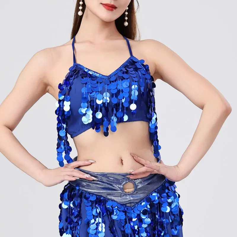 

Женские укороченные топы для танца живота на шнуровке, костюм для клубной вечеринки, наряды для выступлений с лямкой на шее и блестками