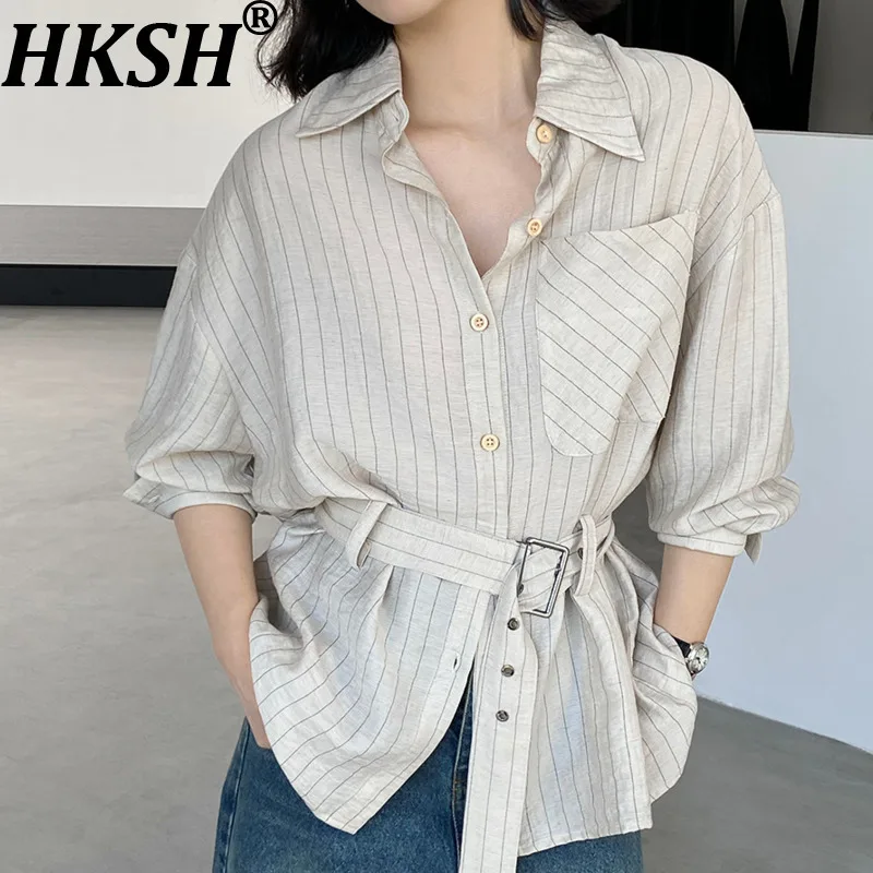 

HKSH осенняя новая женская рубашка в полоску, однобортная, с длинными рукавами и карманами на талии, универсальная элегантная корейская повседневная блузка HK12197