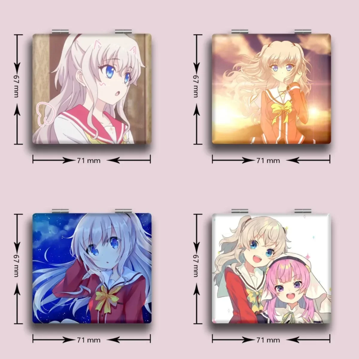 Espejo de maquillaje plegable de doble cara Charlotte de 7x6cm, Mini bolsillo ligero portátil de viaje, cuadrado de aumento de Anime para niñas y niños