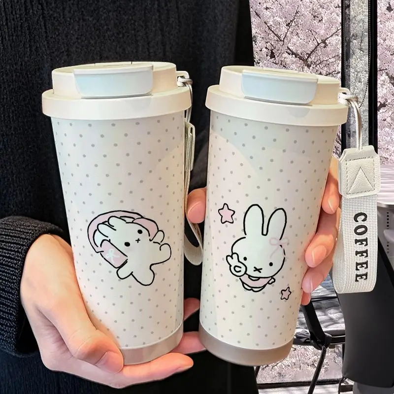 Cartoon Kawaii Miffy New Polka Dots Thermos Cup Stainless Steel Large Capacity Straw Vehicle Mounted Simple with Lid Practical