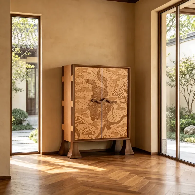 New Chinese Style Solid Wood Double Door Entrance Hall Cabinet Dragon Pattern Storage Table Folk Style Home Decor Furniture