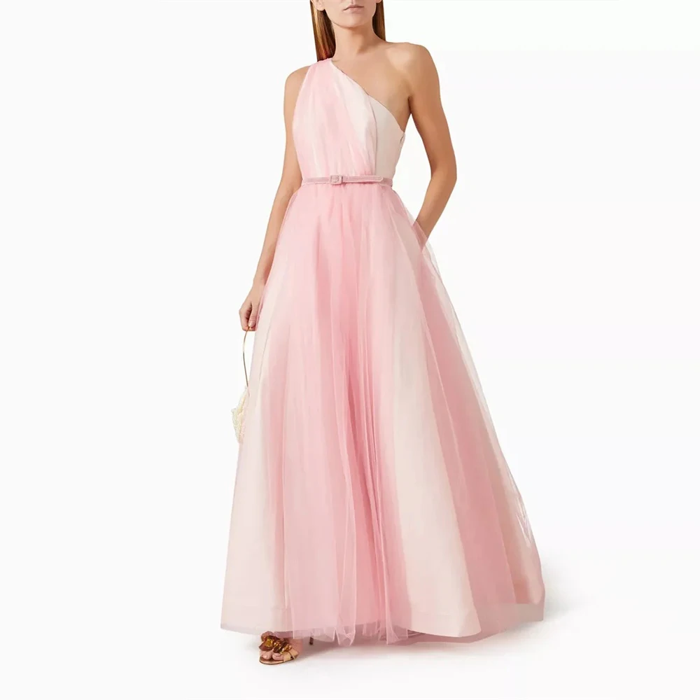 

Customized Exquisite Tulle Sash Pleat A-line One-shoulder Long Dresses Bespoke Occasion Dresses Simple Fashion Sizes Available