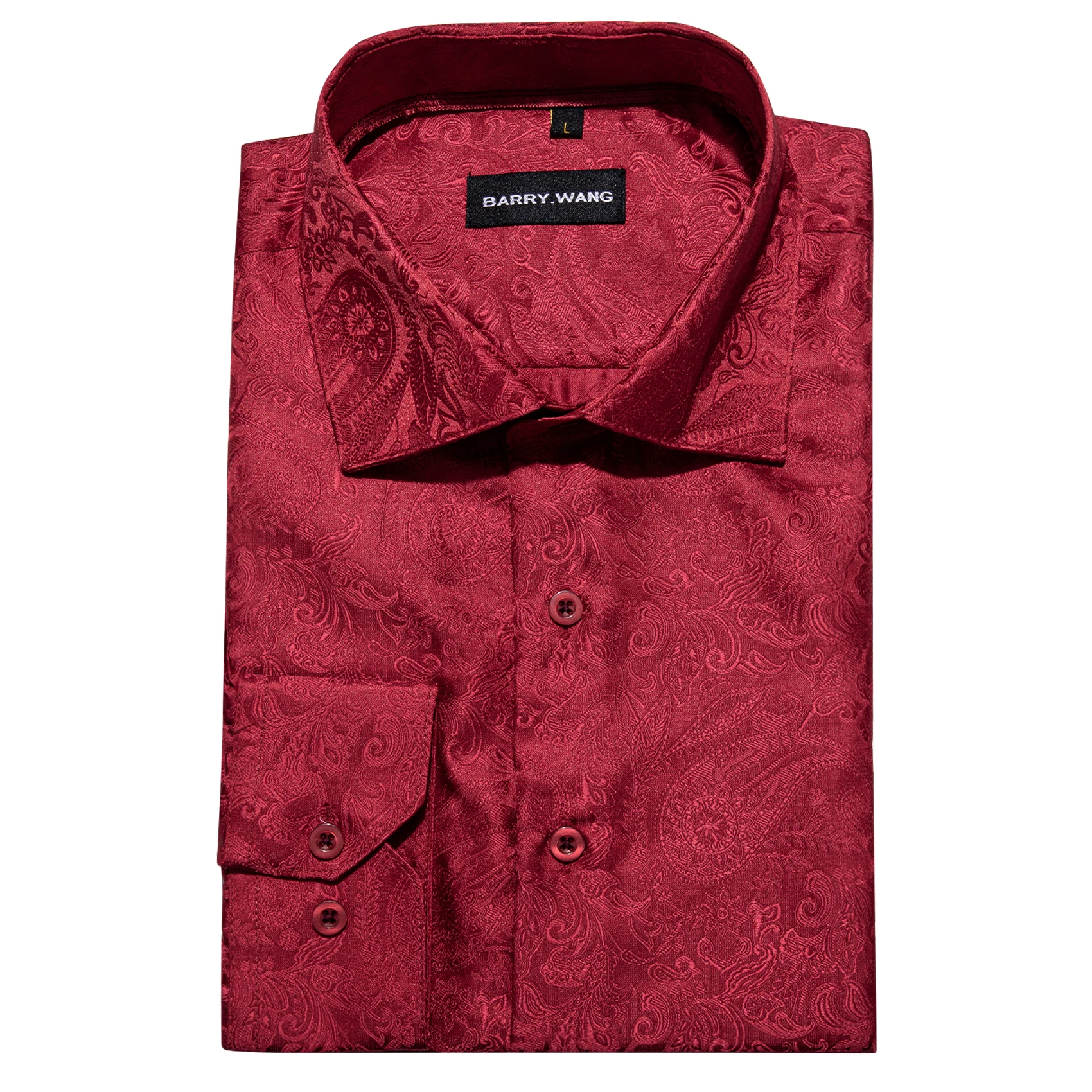 Exquisite Silk Shirts for Men Wine Red Paisley Lapel Woven Long Sleeve Embroidered Leisure Fit Party Wedding Barry.Wang CY-0409