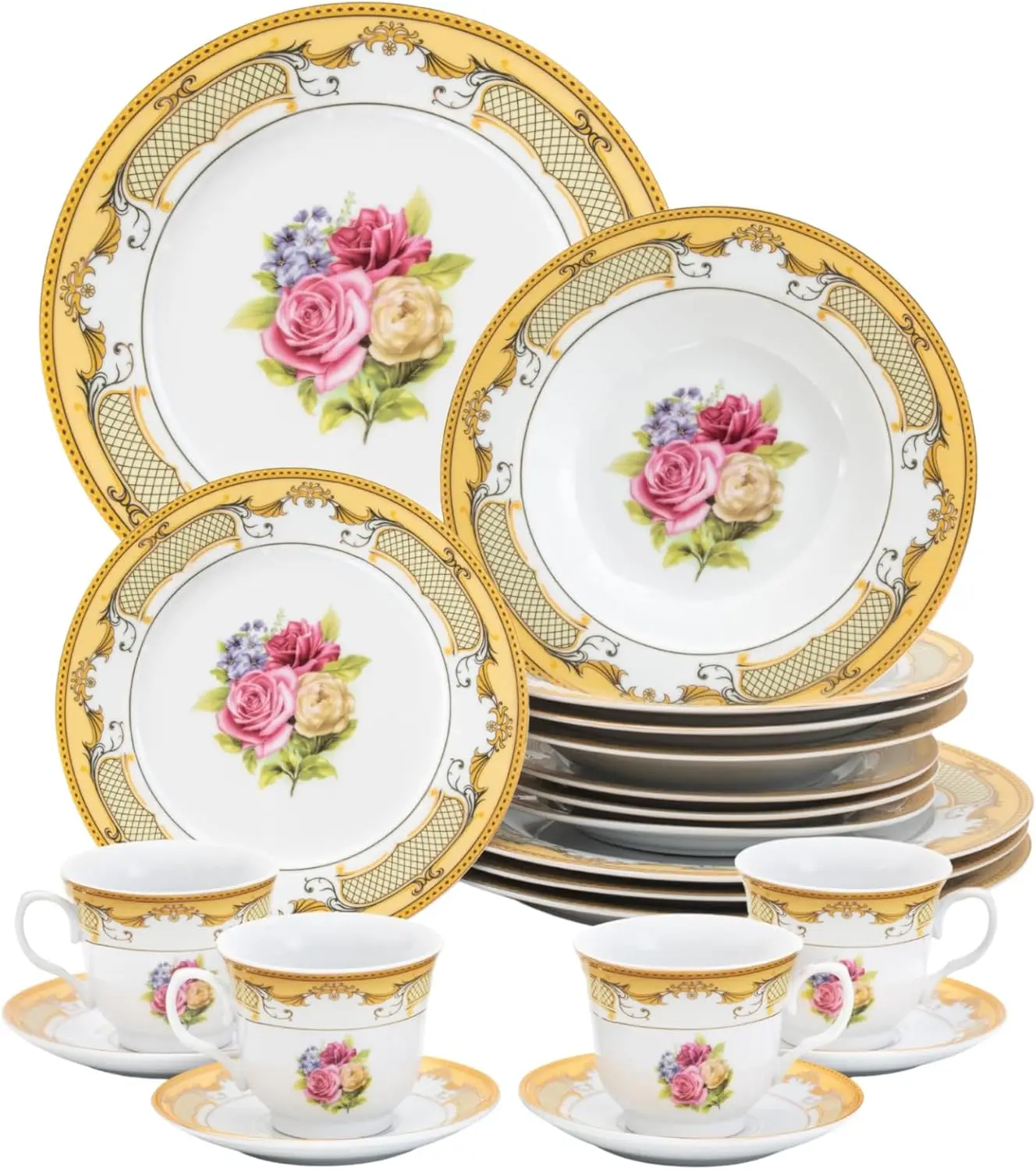 Gorgeous 20 Piece Dinnerware Set - Rose Design Service for 4 - Porcelain Floral Dish Set with Plates and Bowls, Kitchen Plates,