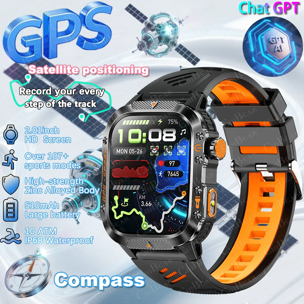 

Уличные GPS спортивные военные умные часы для мужчин 3ATM 100+ спортивный фитнес-трекер 2,01 "BT-вызов со светодиодным фонариком Smartwatch Man