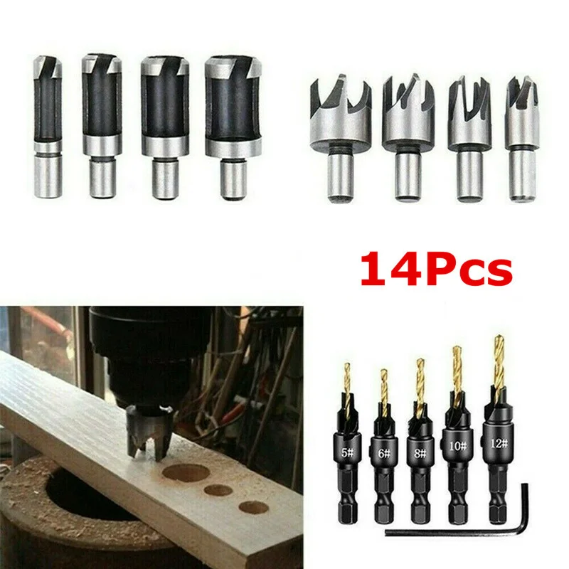 

14Pcs High Speed Steel Cork Dowel Shank Drill Bit Knife Countersink Drill Bit Wood Plug Cutter Tool Drill Bits for Woodworking
