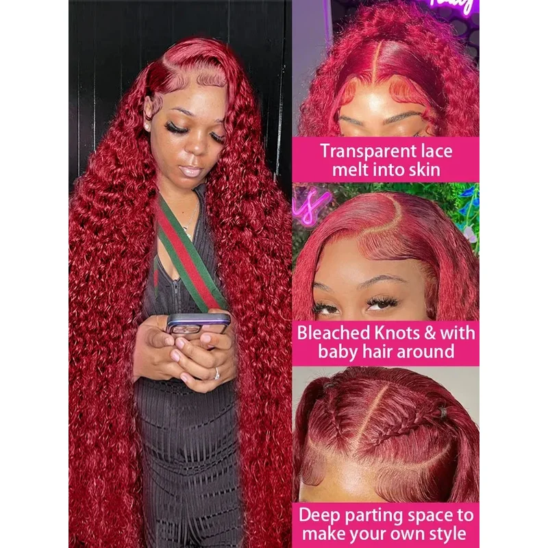 99J Burgundy 13x6 HD Lace Frontal Wigs Colored Curly Human Hair Wigs Red Deep Wave Lace Front Wig 30 40 Inch Red Wig