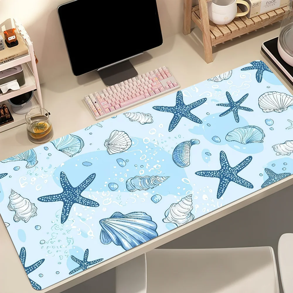 Ocean Breeze Cute Starfish Seashell Pattern Mouse Pad Large Non-slip Lockedge Desktop Computer Desk Mat Keyboard Office Student
