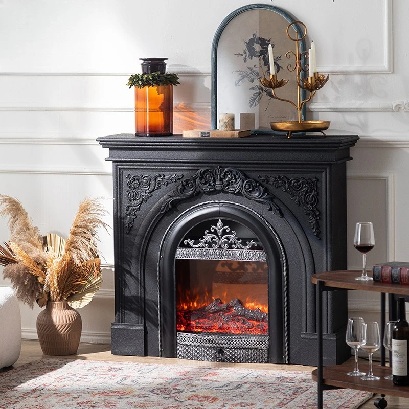 American retro black engraved simulated fire mantel villa entry atmosphere decorative cabinet light luxury Italian fireplace