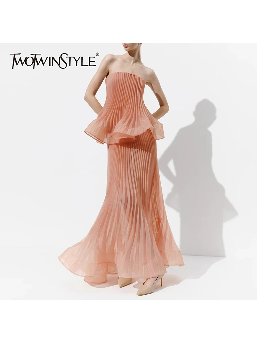 TWOTWINSTYLE Solid Spliced Ruffle Decor Slim Fit Dress for Women Strapless Sleeveless Patchwork Pleated Dresses Female Fashion