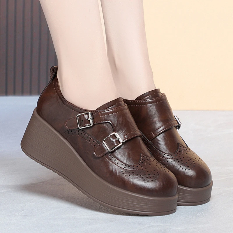 

Brown Wedge Platform Shoes Double Buckle Brogue Details Comfortable Thick Sole Non Slip Elegant Dress Shoes For Daily Wear