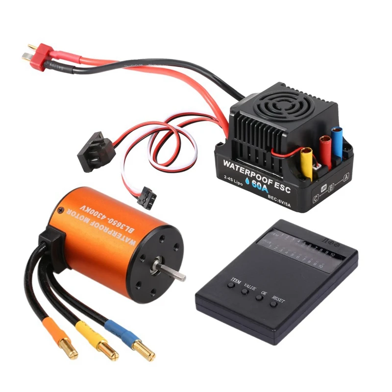 Waterproof 3650 4300KV Brushless Motor with 60A 2-4S Lipo ESC Programming Card Combo Set for 1/10 RC Car Truck-SPMI