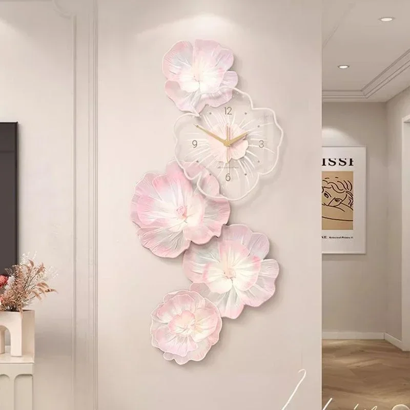 Pink Flower Light Luxury Wall Clock Creative Home Decor Painting for Living Room Wall Hanging Corridor Mural Clock Ornaments