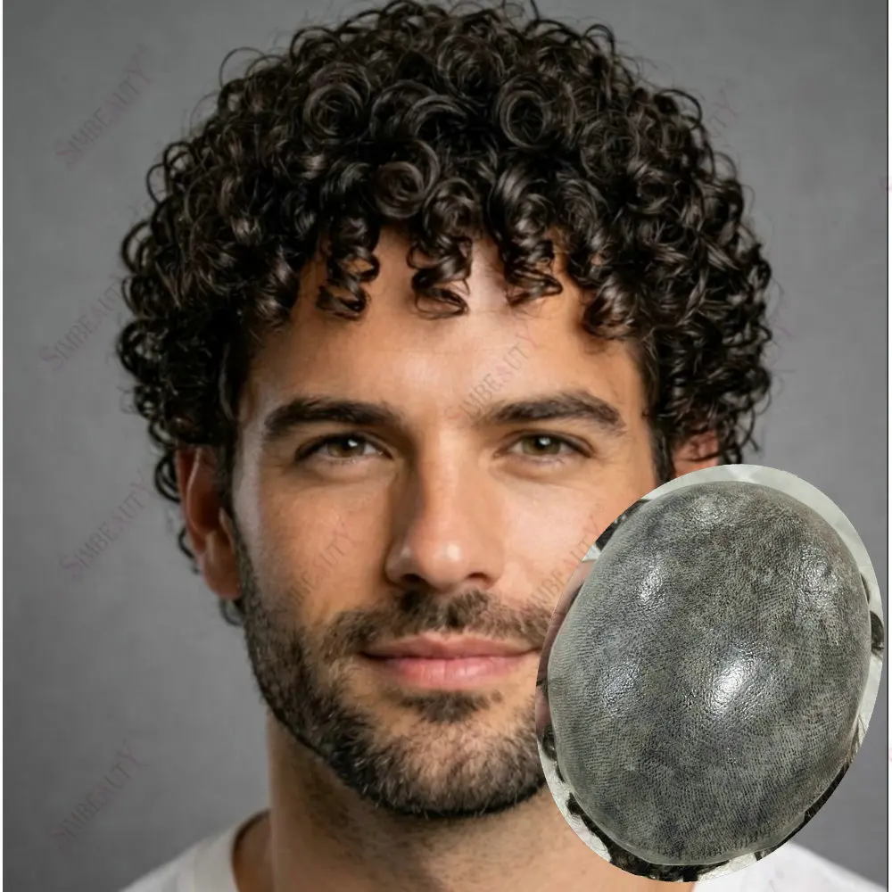 15mm Afro Kinky Curly Men Toupee Durable Thin Skin Full PU Prosthesis Black Grey Human Hair Wigs Natural Hairline Man Hairpieces