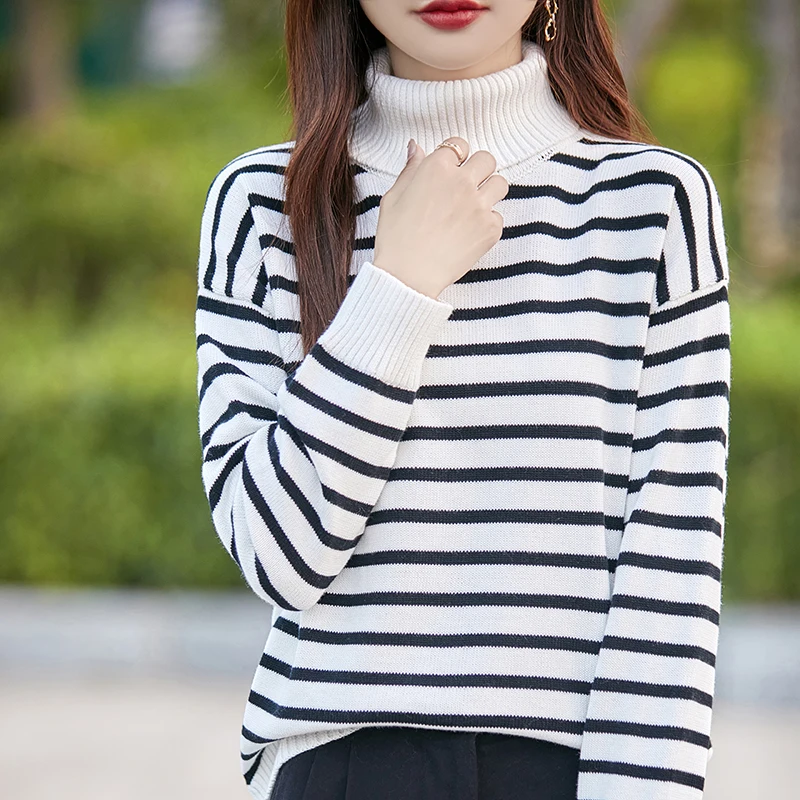Outono e inverno novo algodão de malha listrado acolchoado camisola feminina lapela alta manga comprida casaco de fundo de algodão