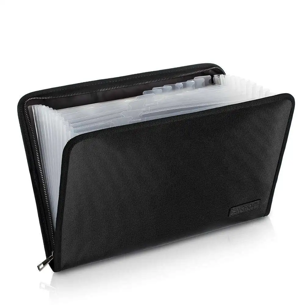 hot saltBlack 12-Pocket A4 Fireproof File Bag with 12 Holes Easy Organization Expanding Document Collection Folder Pattern