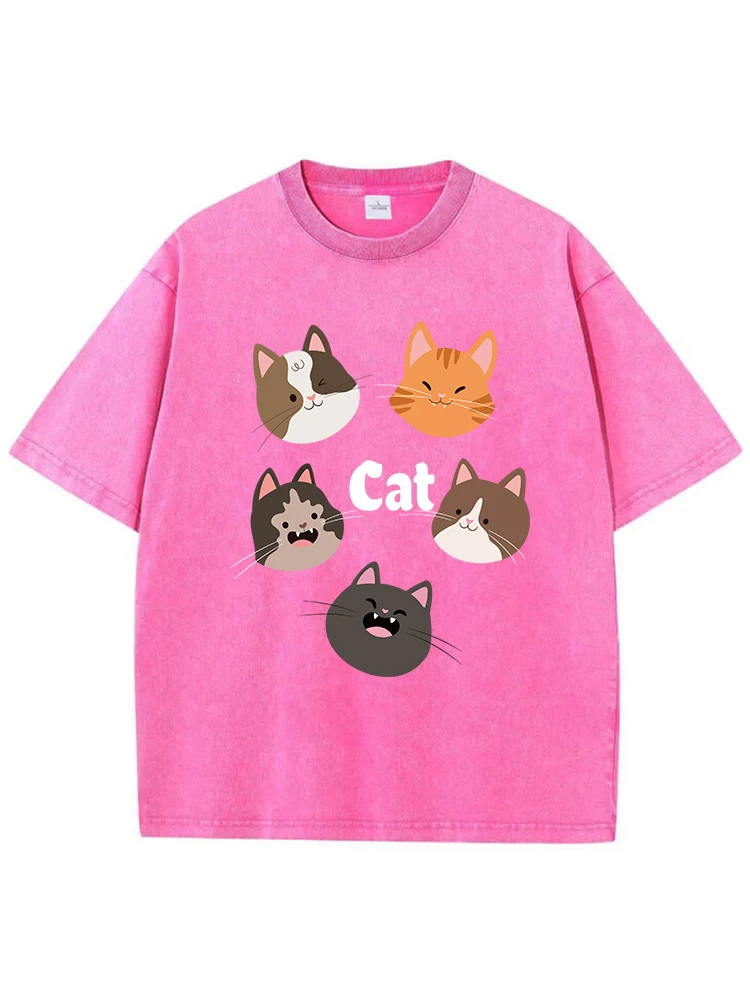 Kawaii Cats Funny Printing Female Washed T Shirt Summer Casual Cotton Tshirt Street Hip Hop Clothes Fashion Loose Distressed Tee